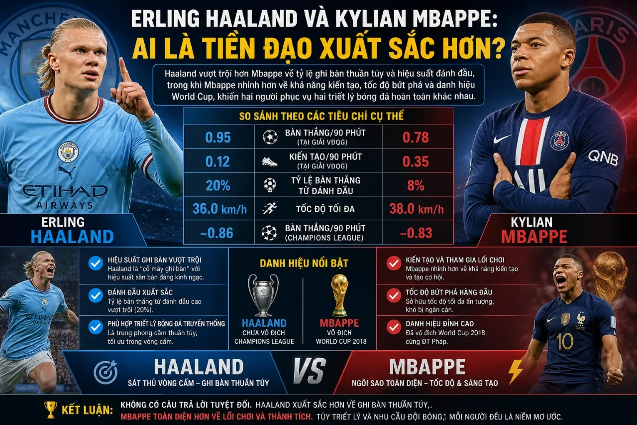 Hai siêu sao Erling Haaland và Kylian Mbappe đối đầu trực tiếp về mặt hiệu suất ghi bàn