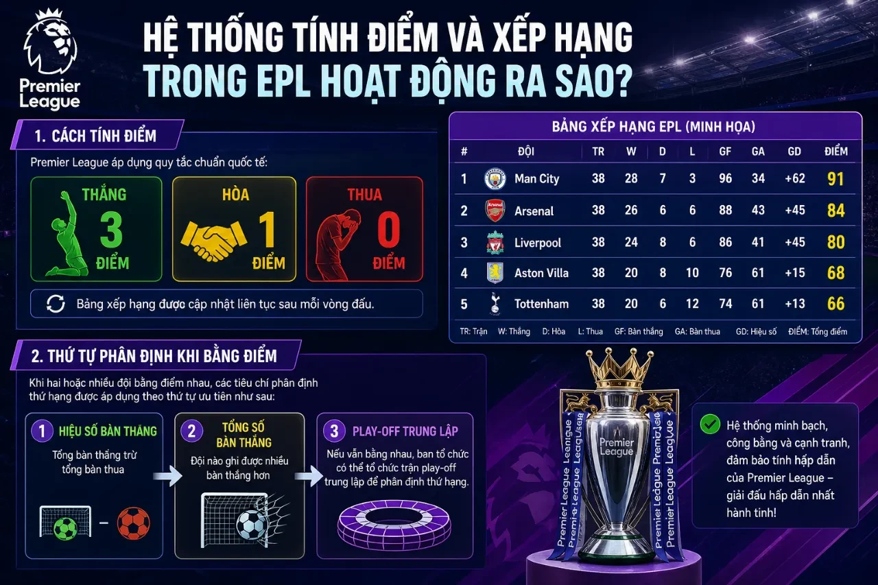 Bảng minh họa các tiêu chí thứ hạng và hiệu số bàn thắng trong giải Ngoại hạng