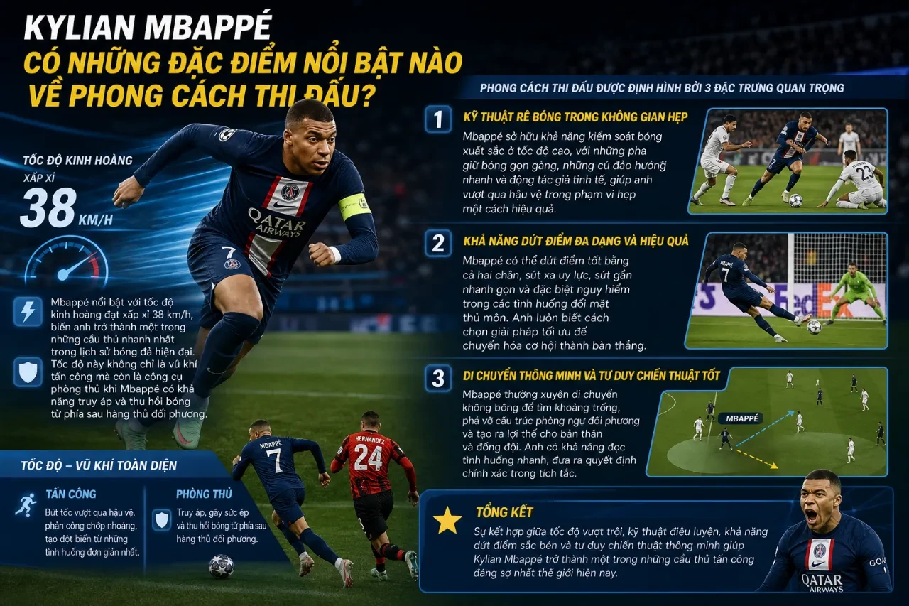 Siêu tiền đạo Kylian Mbappé bứt tốc vượt qua hàng phòng ngự đối phương trong một trận đấu đỉnh cao