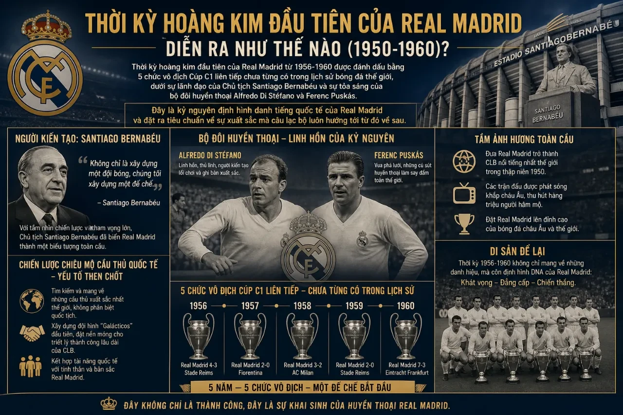 Bức ảnh tư liệu đen trắng chụp các cầu thủ Real Madrid thời kỳ đầu nâng cao chiếc cúp vô địch châu Âu lịch sử