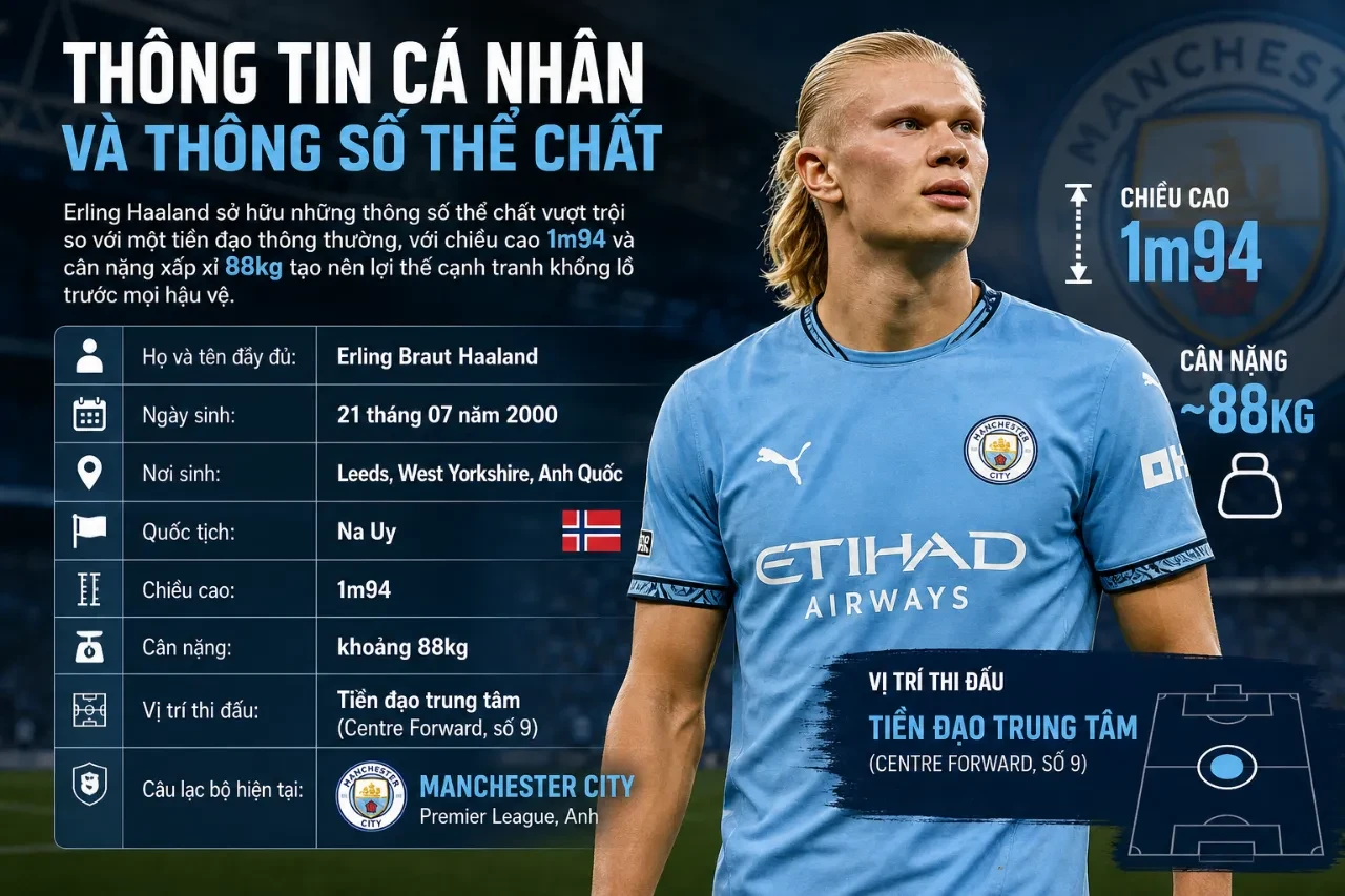 Bảng lý lịch trích ngang và các chỉ số hình thể của tiền đạo Erling Haaland