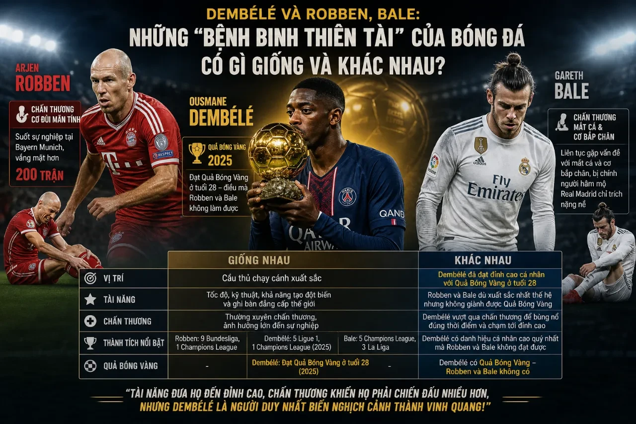 Sự đối chiếu thông số phong độ và mức độ ảnh hưởng của Ousmane Dembele so với Robben và Gareth Bale