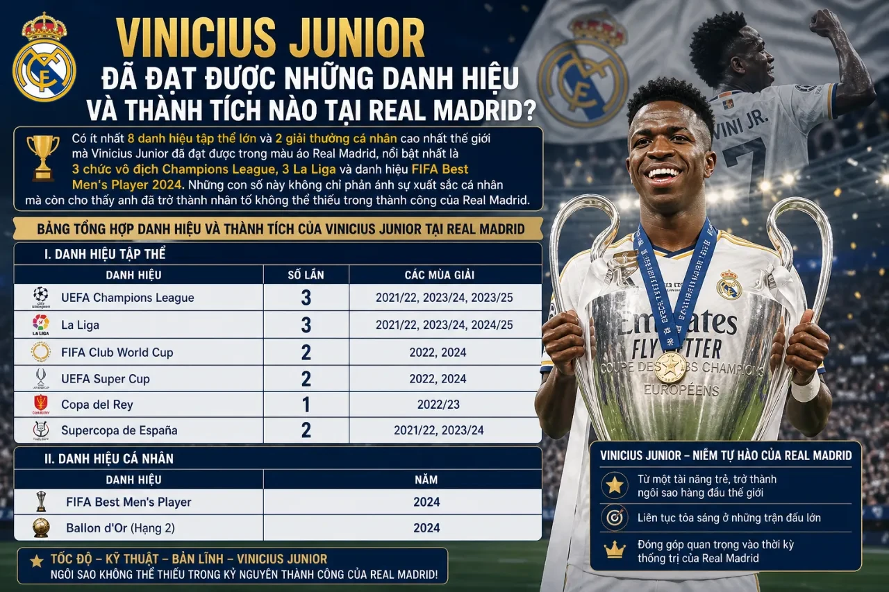 Vinicius Junior tươi cười rạng rỡ khi giơ cao danh hiệu cá nhân cao quý được thế giới vinh danh