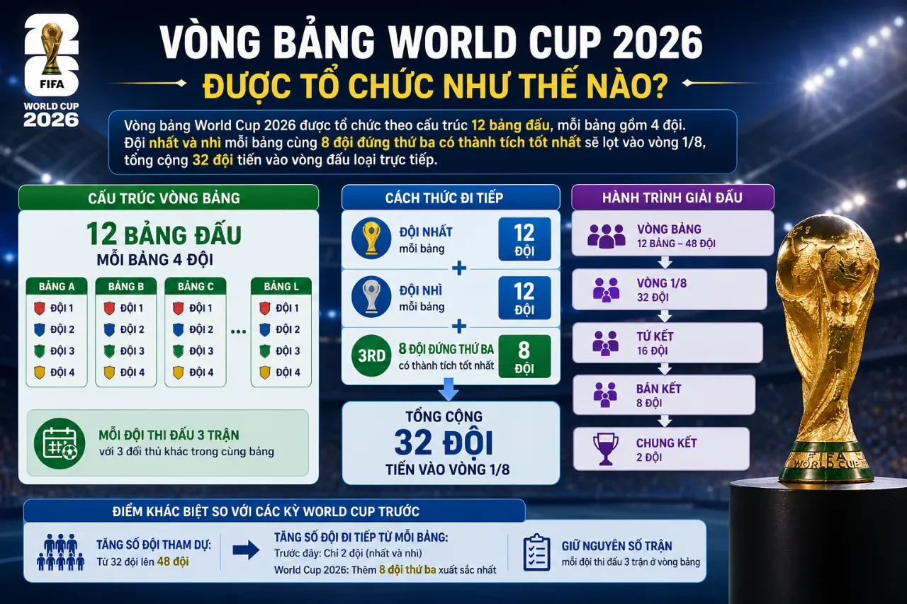 Sơ đồ minh họa cấu trúc các bảng đấu mở rộng tại ngày hội bóng đá thế giới năm 2026
