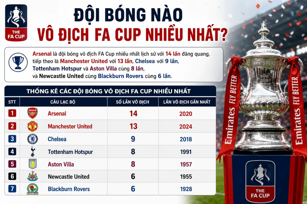 Bảng xếp hạng thống kê các câu lạc bộ đạt thành tích vô địch Cúp FA cao nhất