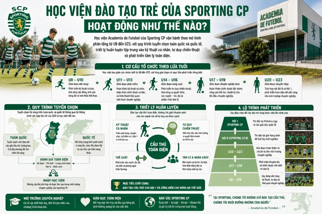 Toàn cảnh cơ sở vật chất và sân tập hiện đại tại trung tâm huấn luyện đào tạo trẻ Alcochete của Sporting CP
