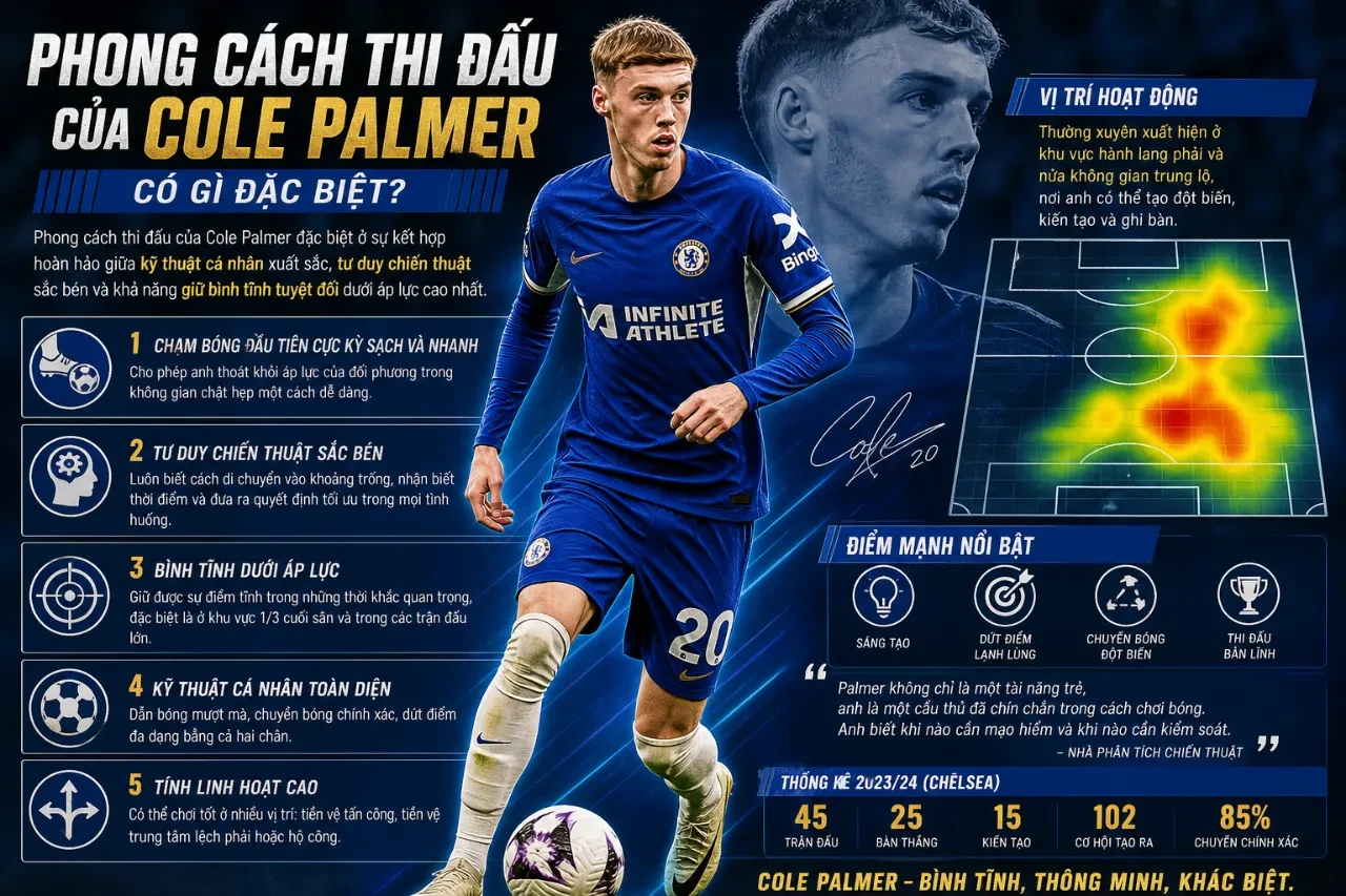 Tiền vệ trẻ Cole Palmer đi bóng lắt léo vượt qua sự truy cản của các hậu vệ đối phương