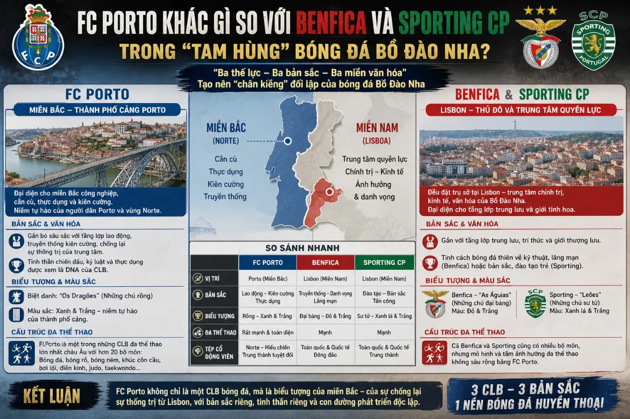 Hình ảnh ba linh vật đại diện cho ba câu lạc bộ bóng đá hàng đầu Bồ Đào Nha