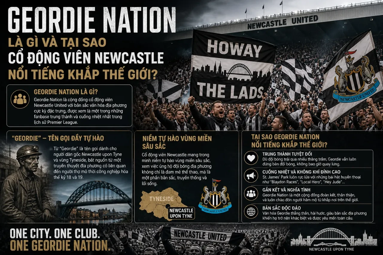 Khán đài rợp cờ hoa và sắc đen trắng cuồng nhiệt của các CĐV Newcastle trên SVĐ St. James' Park