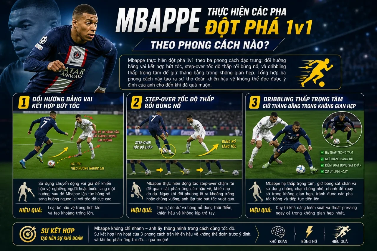 Kylian Mbappé dùng kỹ thuật đi bóng vượt qua sự truy cản của đối phương