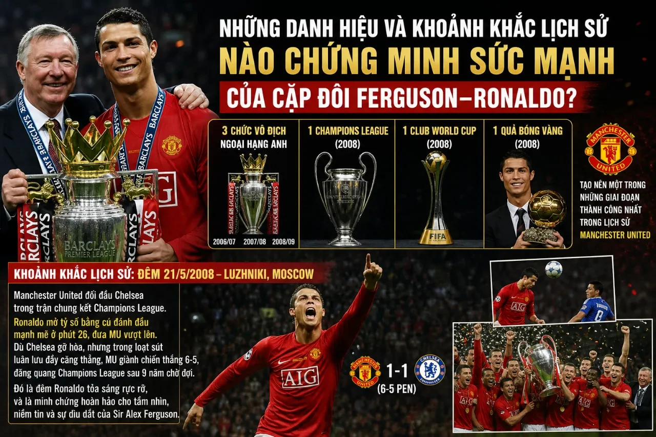 Sir Alex Ferguson cùng Cristiano Ronaldo vui mừng giơ cao chiếc cúp vô địch Ngoại hạng Anh