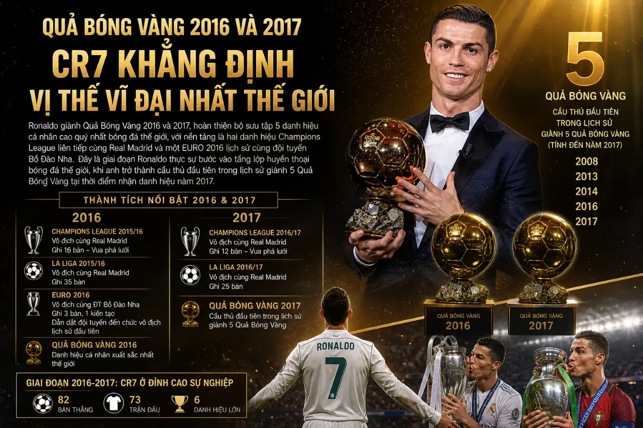 Ronaldo giơ cao danh hiệu Quả Bóng Vàng trước sự chứng kiến của hàng vạn khán giả