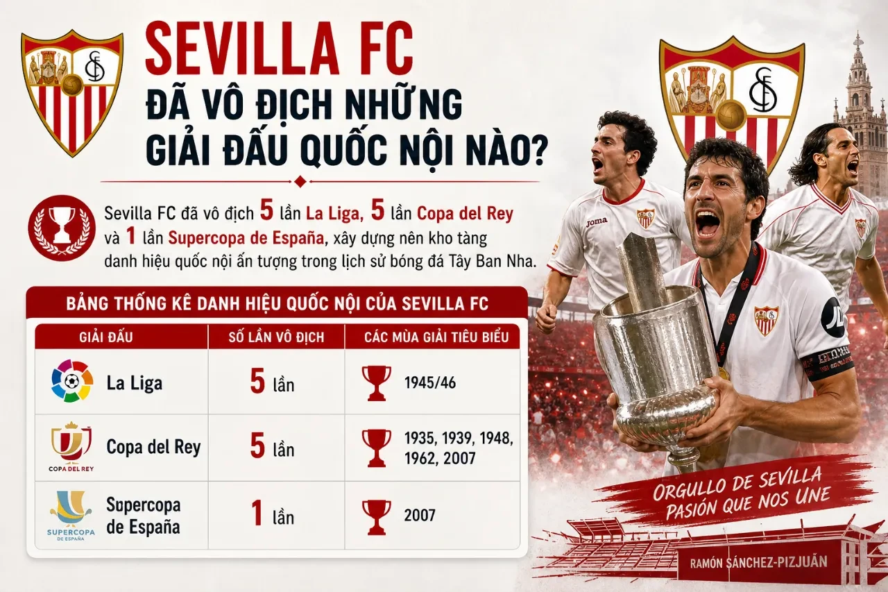 Hình ảnh phòng truyền thống trưng bày các cúp vô địch quốc nội La Liga và Copa del Rey của Sevilla FC