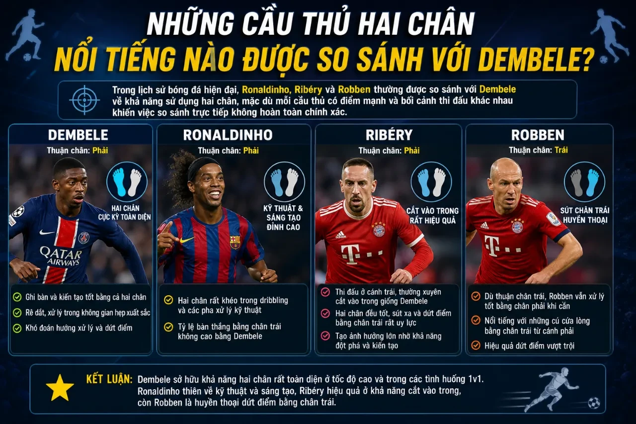 So sánh phong cách xử lý bóng bằng cả hai chân giữa Ousmane Dembélé và các danh thủ thế giới