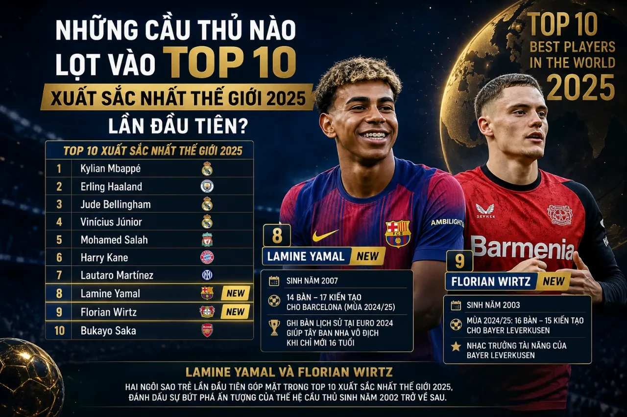 Hình ảnh hai tài năng trẻ Lamine Yamal và Florian Wirtz lần đầu góp mặt trong nhóm 10 cầu thủ hàng đầu thế giới