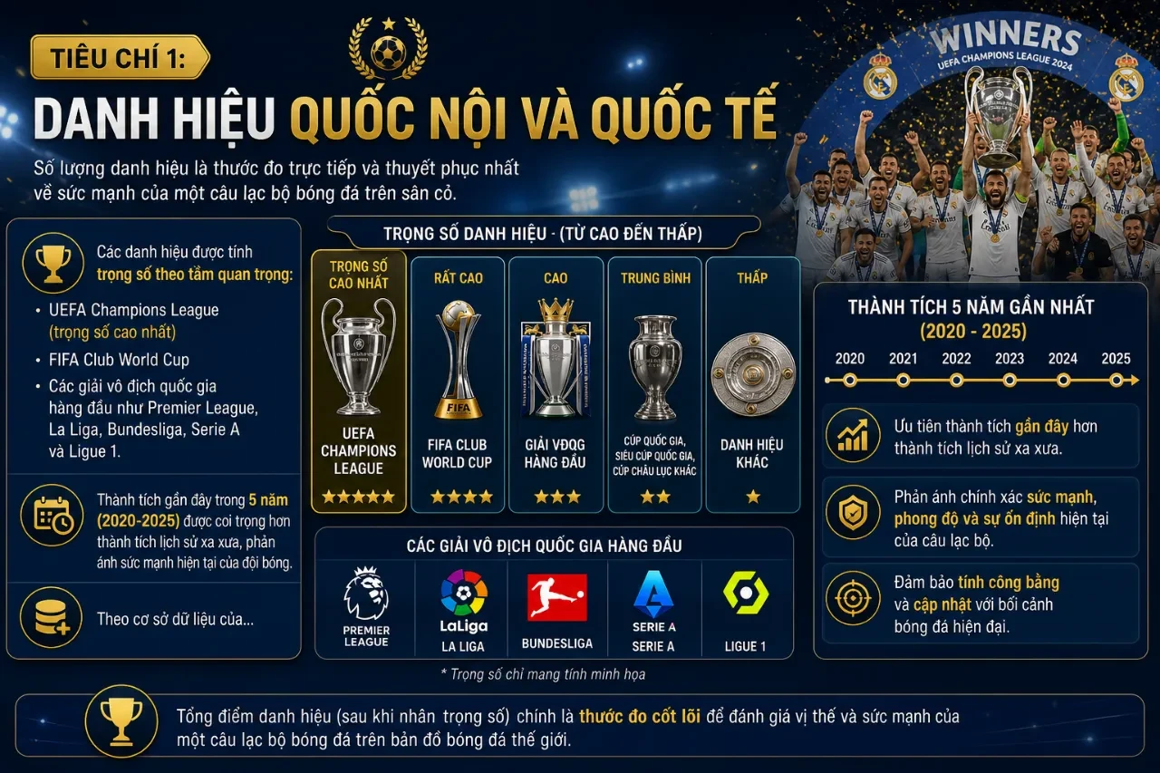 Bộ sưu tập cúp vô địch danh giá thể hiện thành tích đỉnh cao của các câu lạc bộ bóng đá hàng đầu