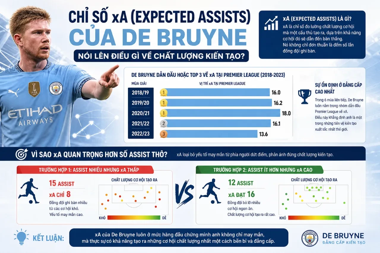 Chỉ Số xA (Expected Assists) Của De Bruyne Nói Lên Điều Gì Về Chất Lượng Kiến Tạo?