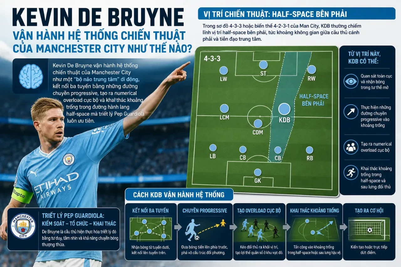 Sơ đồ di chuyển và vị trí thi đấu bán biên của Kevin De Bruyne trong hệ thống chiến thuật Man City