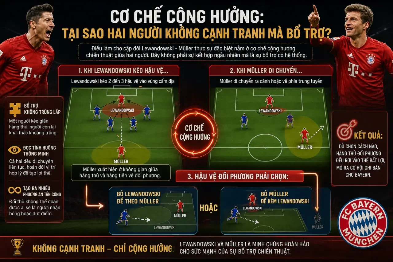 Sơ đồ minh họa cơ chế phối hợp tác chiến giữa Lewandowski và Thomas Muller