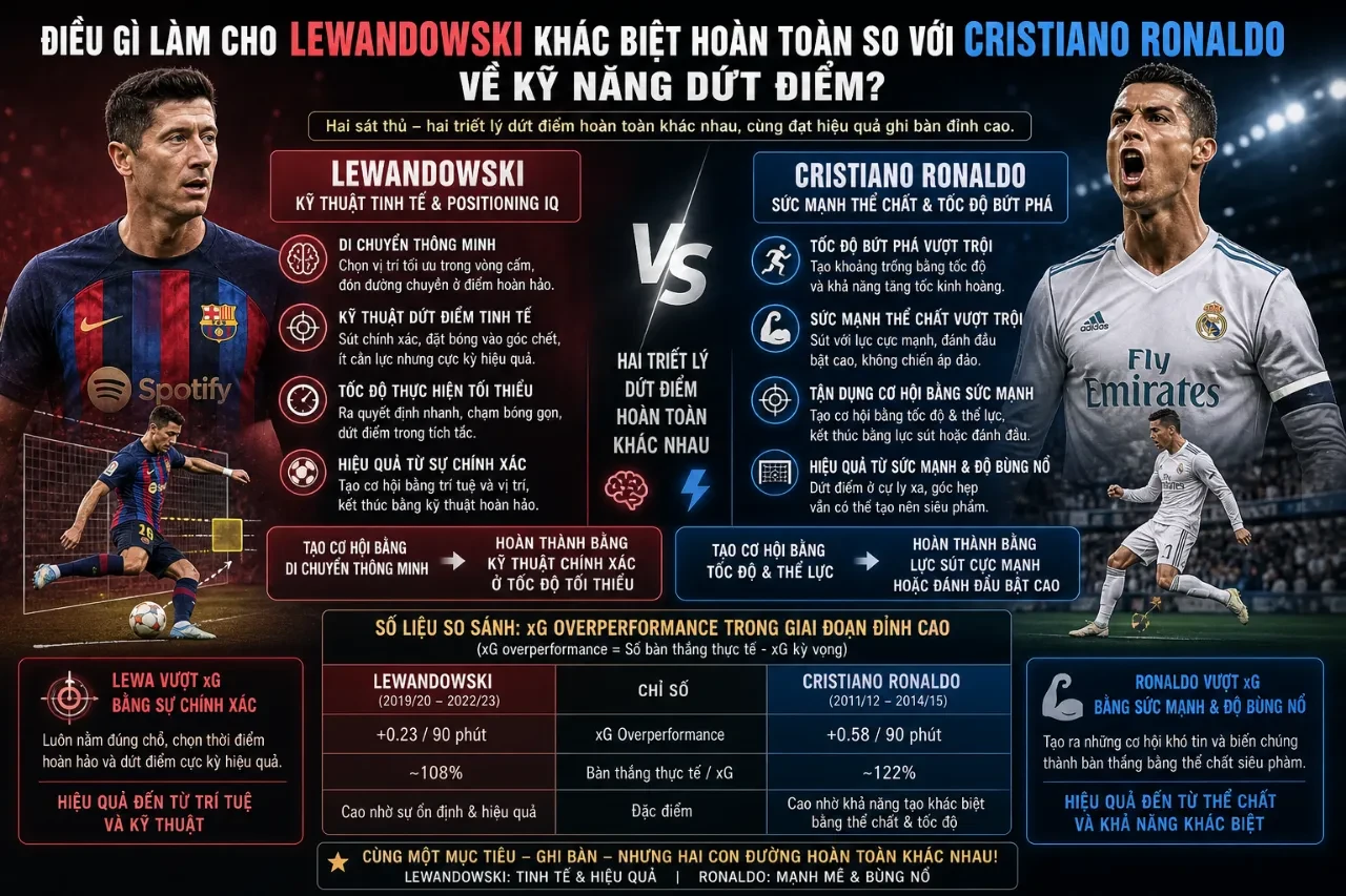So sánh phong cách dứt điểm vòng cấm giữa Robert Lewandowski và Cristiano Ronaldo
