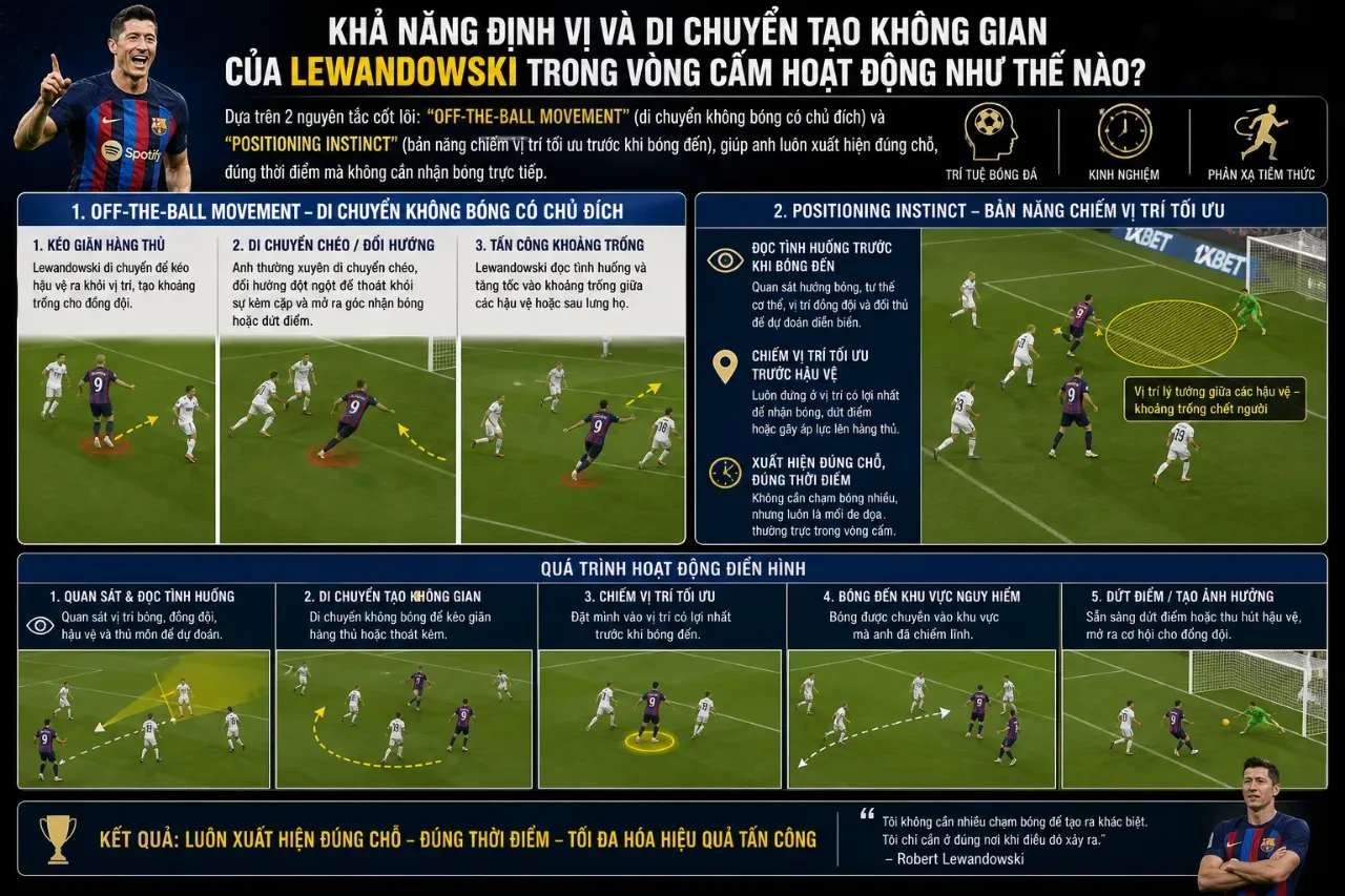 Sơ đồ di chuyển thông minh chọn vị trí trong vòng cấm địa của Robert Lewandowski