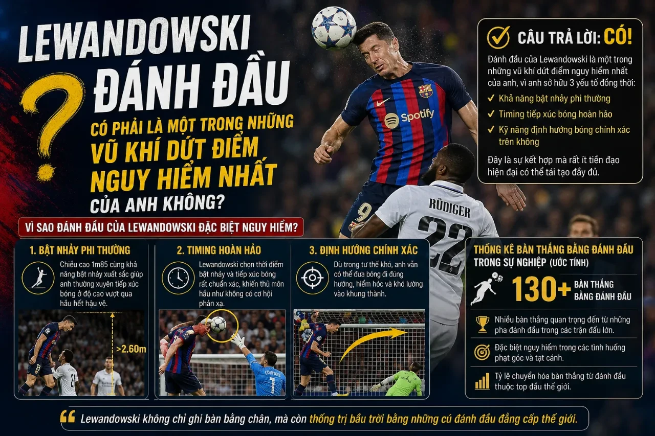 Tiền đạo Robert Lewandowski bật cao thực hiện cú đánh đầu hiểm hóc vào lưới