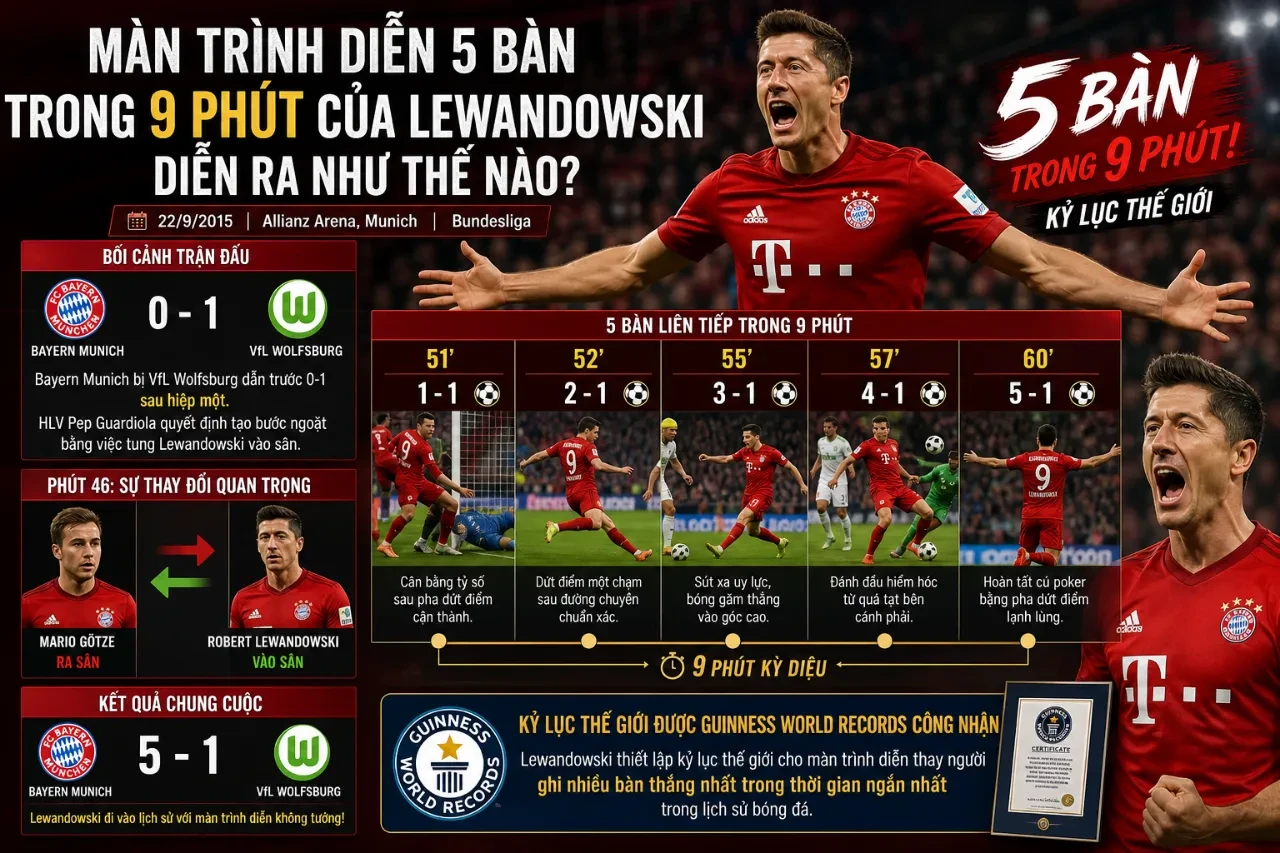 Robert Lewandowski nhận chứng nhận kỷ lục Guinness với chuỗi 5 bàn thắng trong 9 phút