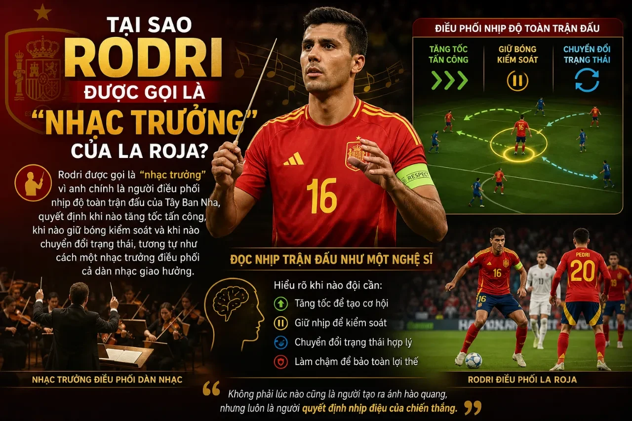 Rodri thi đấu bản lĩnh và điều phối nhịp độ cho đội tuyển Tây Ban Nha