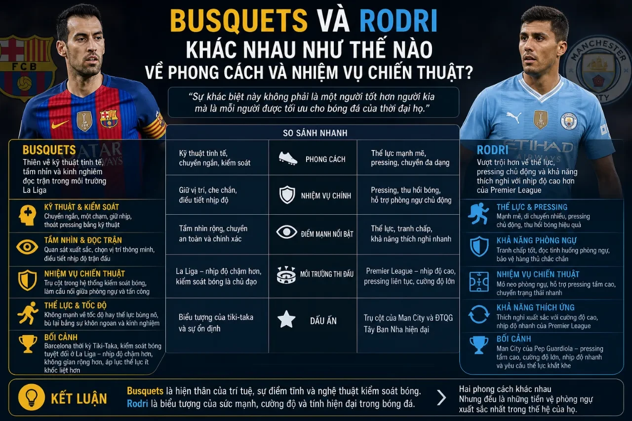 Hình ảnh so sánh phong cách thi đấu giữa Sergio Busquets và Rodri