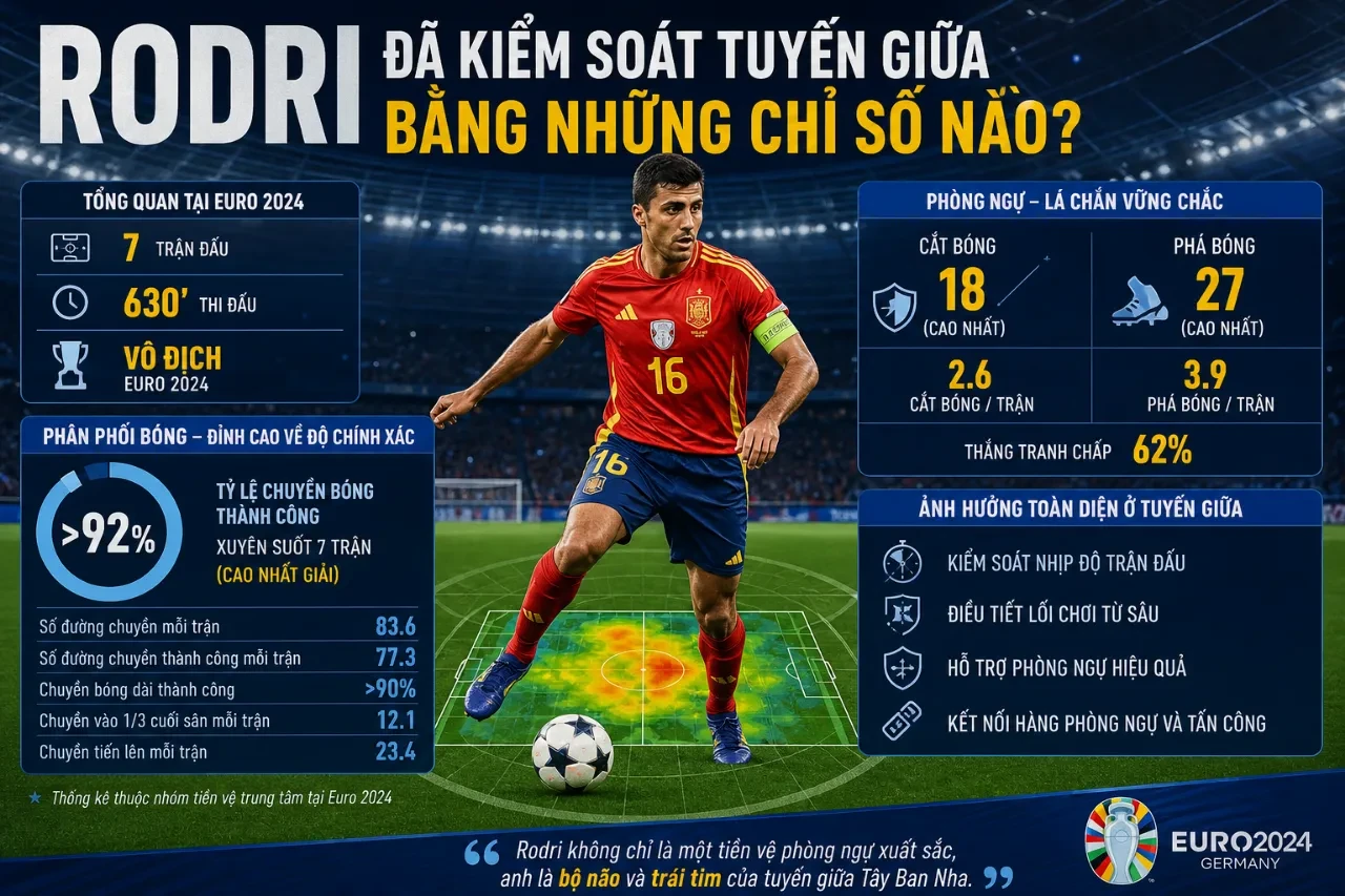 Thống kê phong độ và chỉ số kiểm soát tuyến giữa ấn tượng của Rodri tại Euro 2024