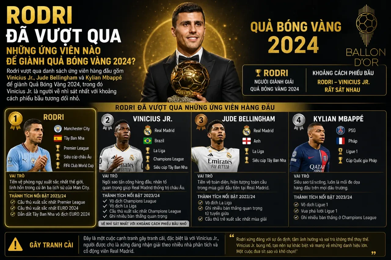 Sơ đồ danh sách các ứng viên hàng đầu cạnh tranh Quả Bóng Vàng 2024 cùng Rodri