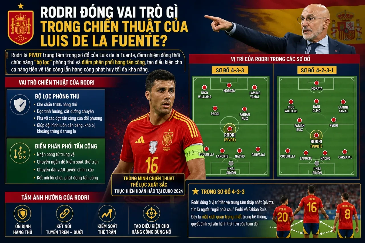HLV Luis de la Fuente chỉ đạo chiến thuật cho tiền vệ Rodri