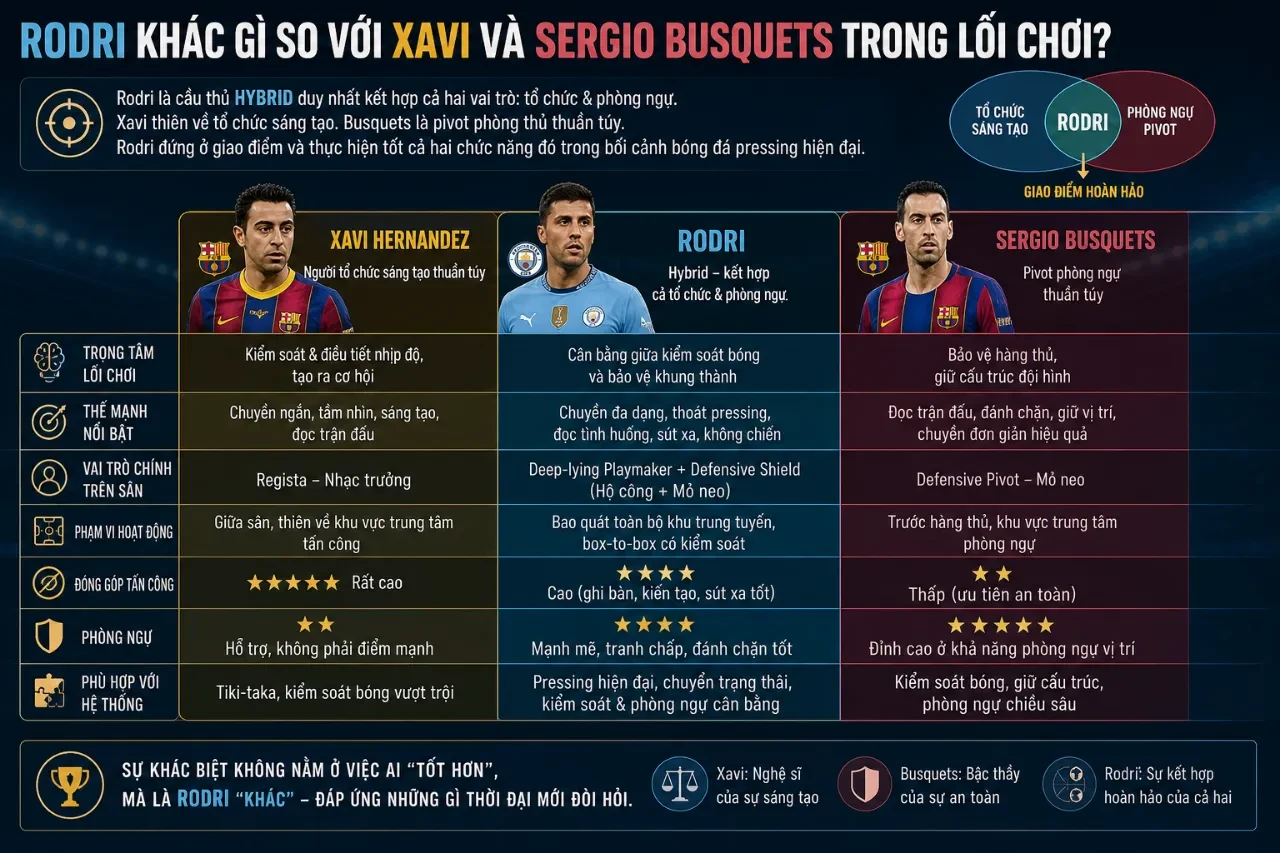 So sánh lối chơi giữa Rodri, Xavi Hernandez và Sergio Busquets