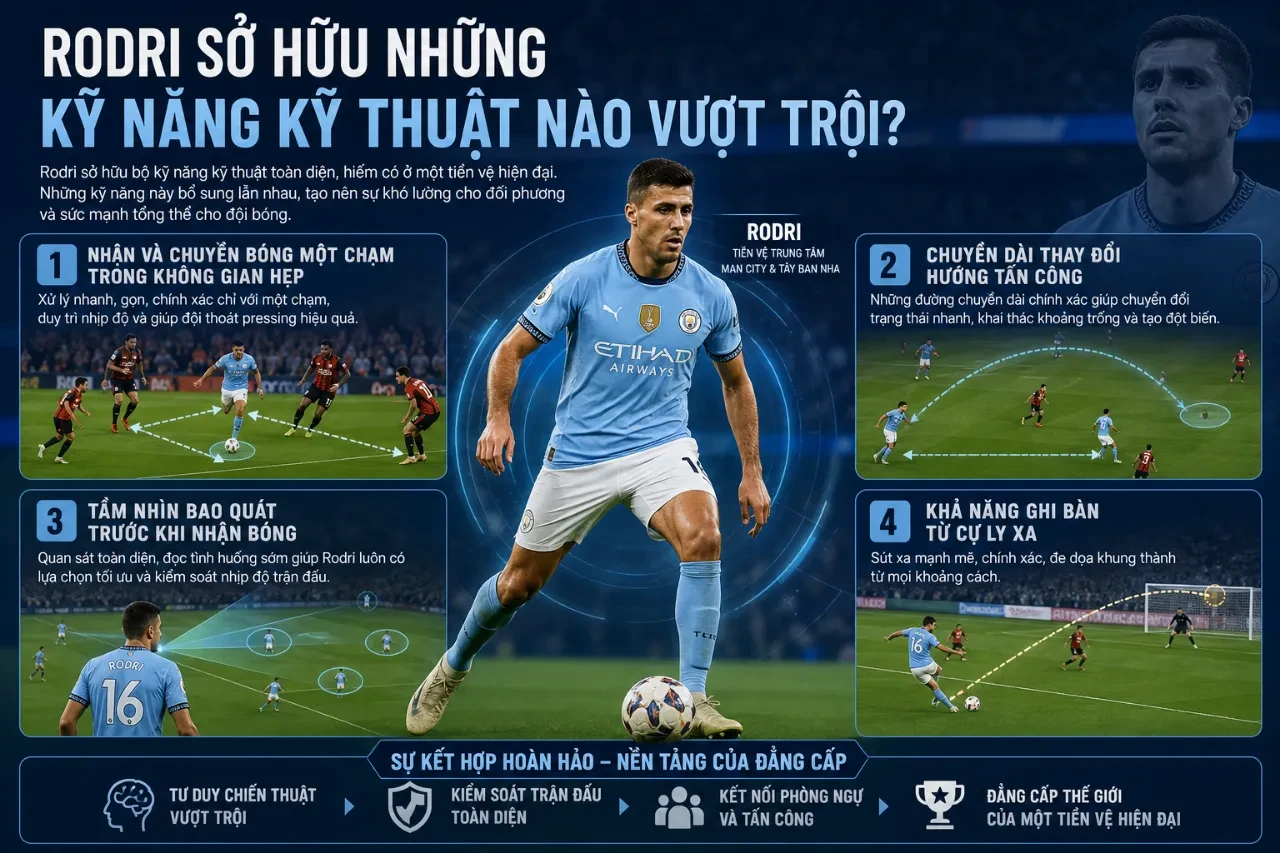 Tiền vệ Rodri điều phối bóng kỹ thuật trên sân cỏ
