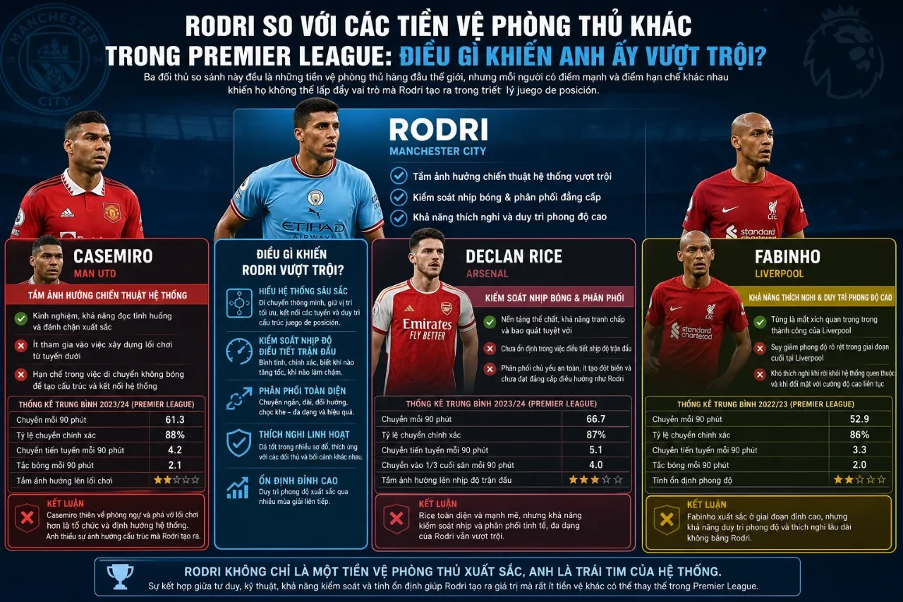 So sánh phong độ và chỉ số chuyên môn giữa Rodri và các tiền vệ phòng ngự Premier League