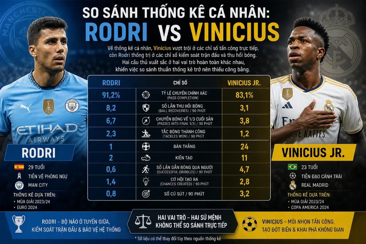 Đồ đồ so sánh các thông số kỹ thuật cá nhân giữa Rodri và Vinicius Jr