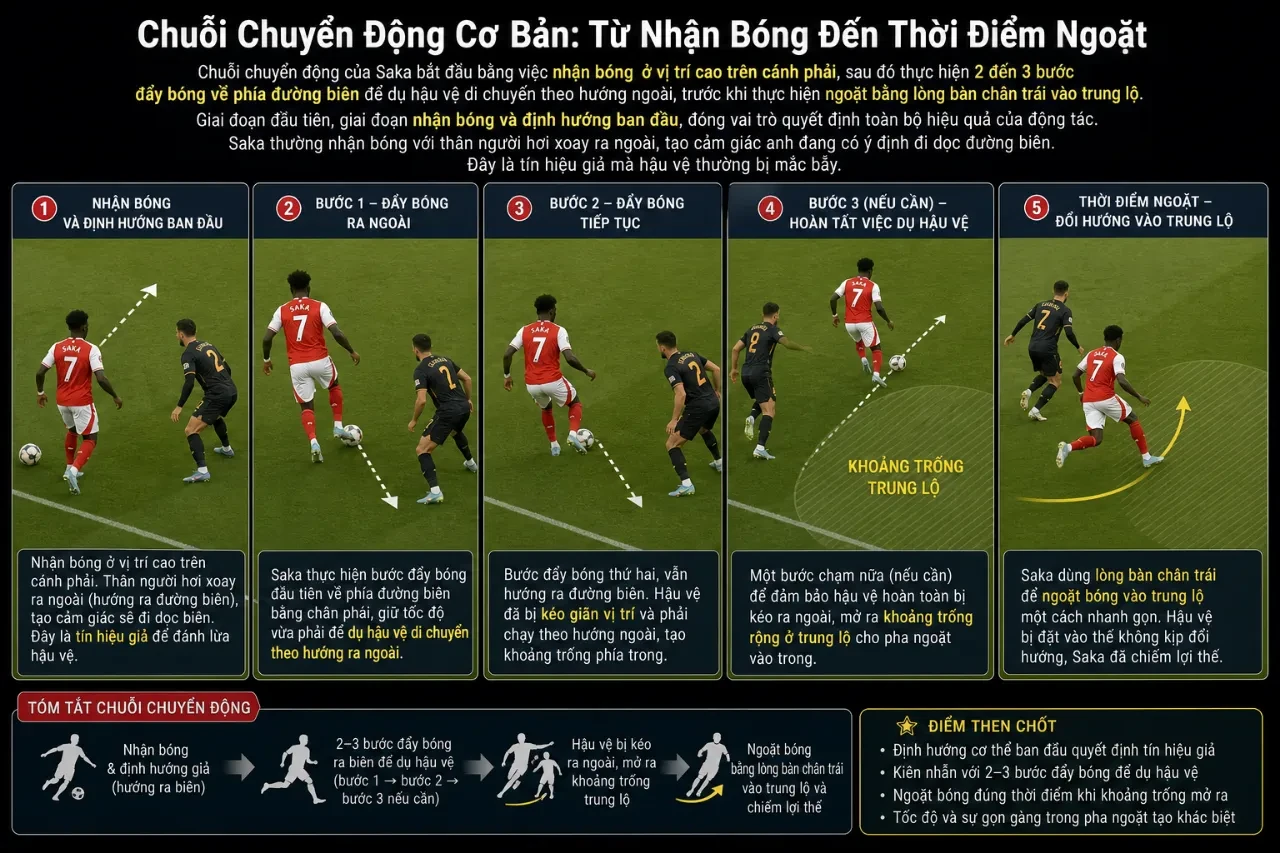Phân tích chuỗi chuyển động ngoặt bóng vào trung lộ bằng chân trái của Bukayo Saka