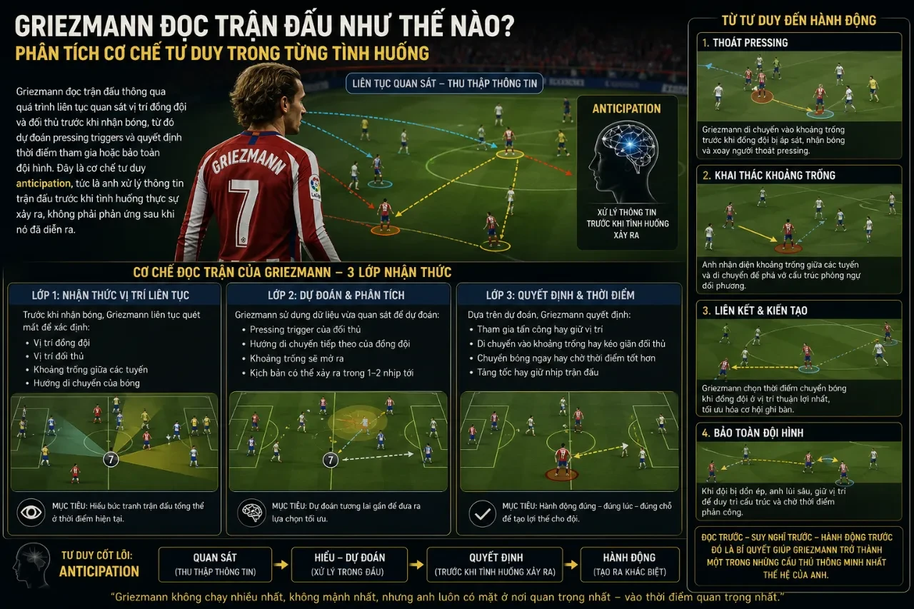 Antoine Griezmann quan sát không gian và phân tích thế trận trước khi nhận bóng