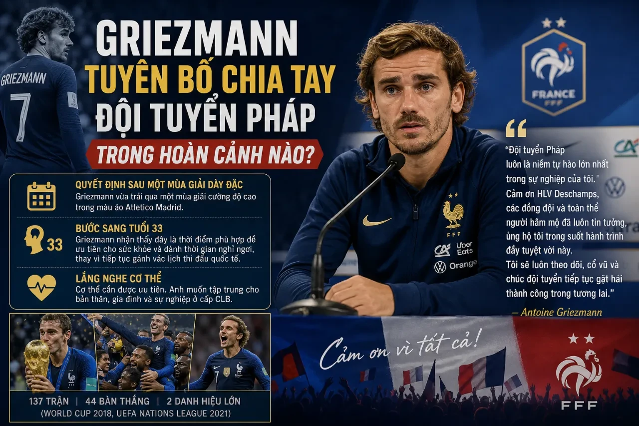 Antoine Griezmann trong màu áo đội tuyển Pháp đưa ra tuyên bố chia tay sự nghiệp quốc tế