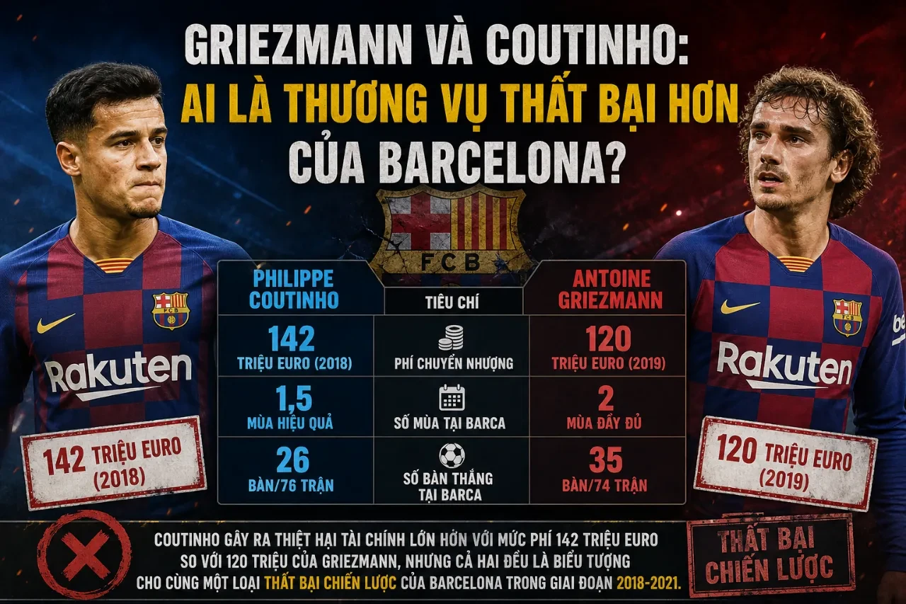 So sánh hiệu suất thi đấu giữa Antoine Griezmann và Philippe Coutinho tại Barcelona