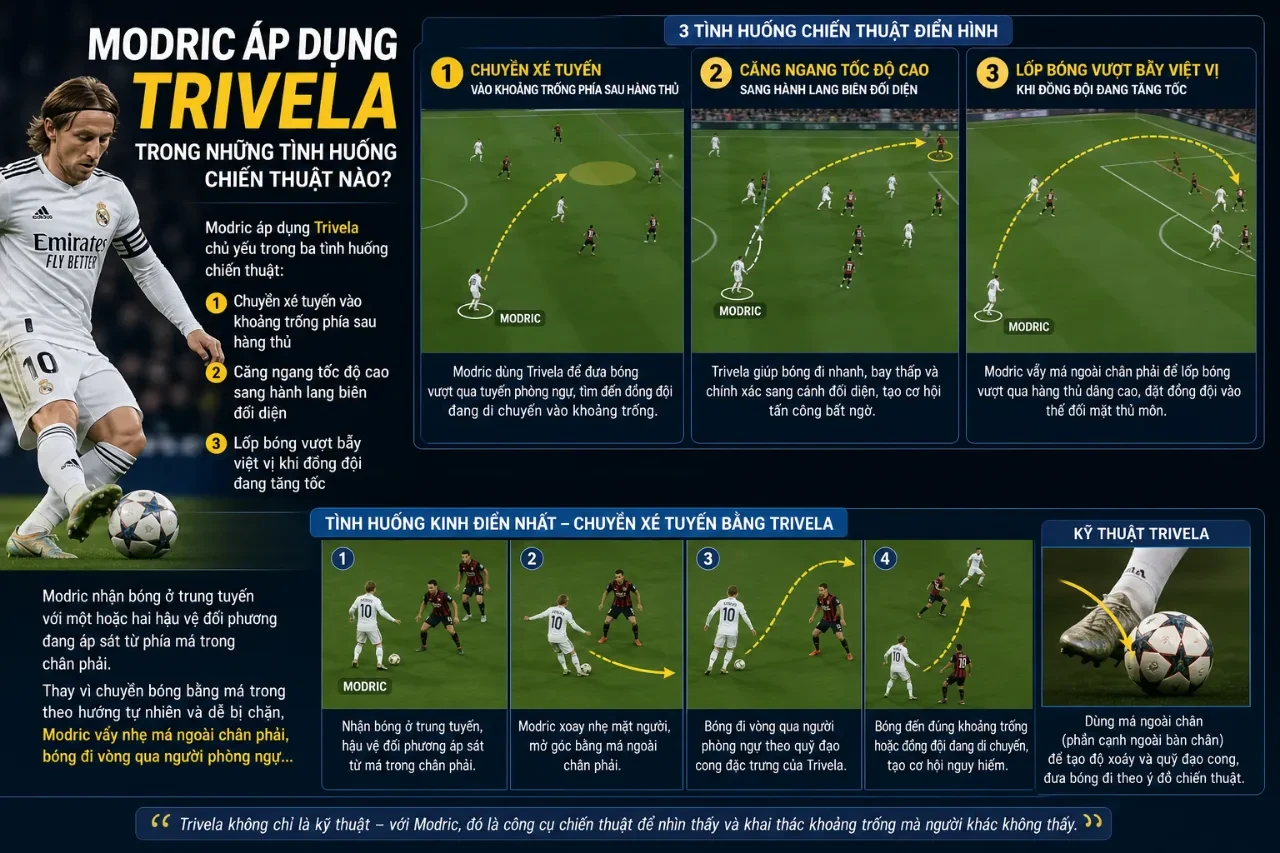 Luka Modric quan sát khoảng trống trước khi thực hiện cú vẩy bóng trivela xé toang hàng thủ