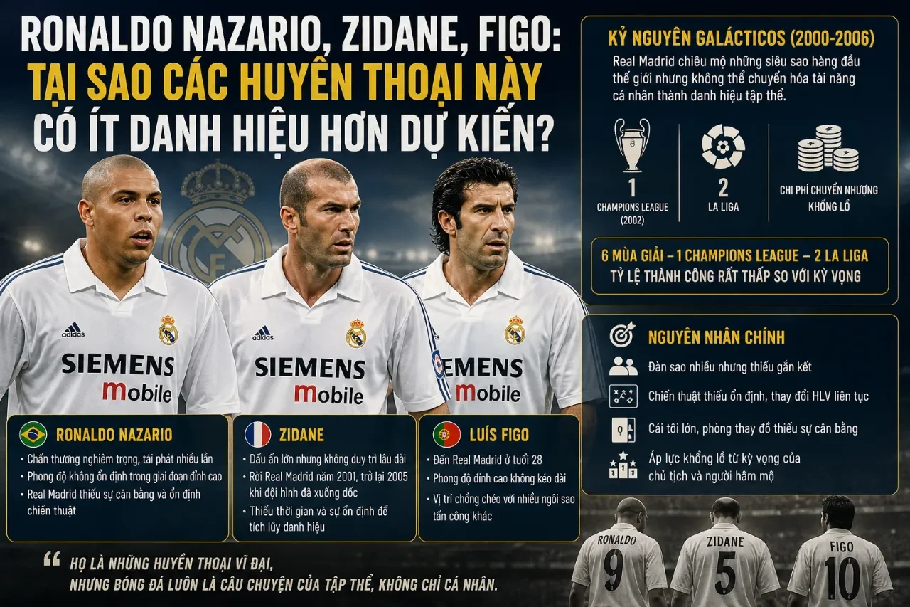 Bộ ba siêu sao Ronaldo Nazario, Zidane và Figo trong màu áo Galácticos Real Madrid