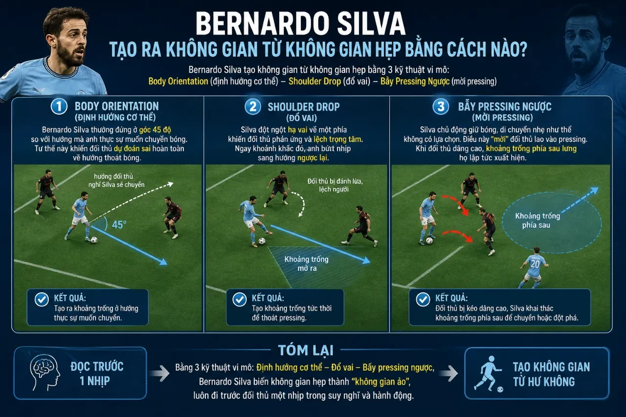 Bernardo Silva giữ bóng chắc chắn trong vòng vây của nhiều cầu thủ đối phương
