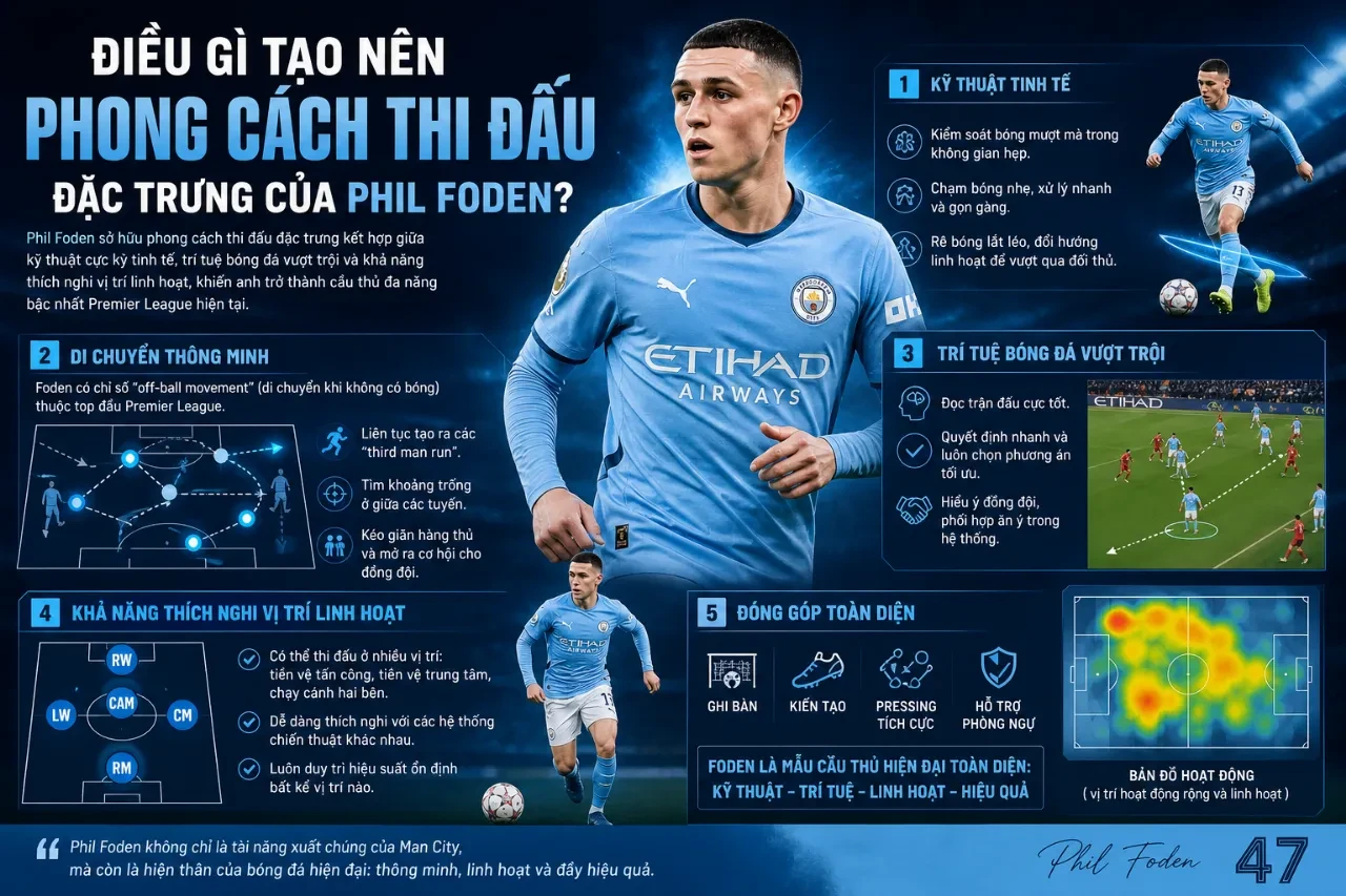 Phil Foden đi bóng lắt léo vượt qua sự truy cản của đối phương