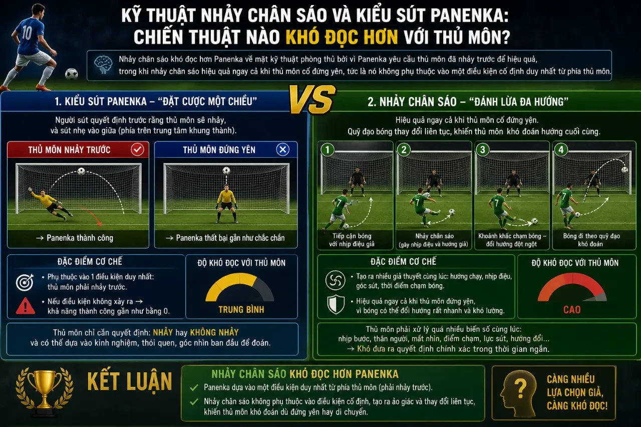Thủ môn tập trung phán đoán hướng sút penalty nhảy chân sáo và Panenka