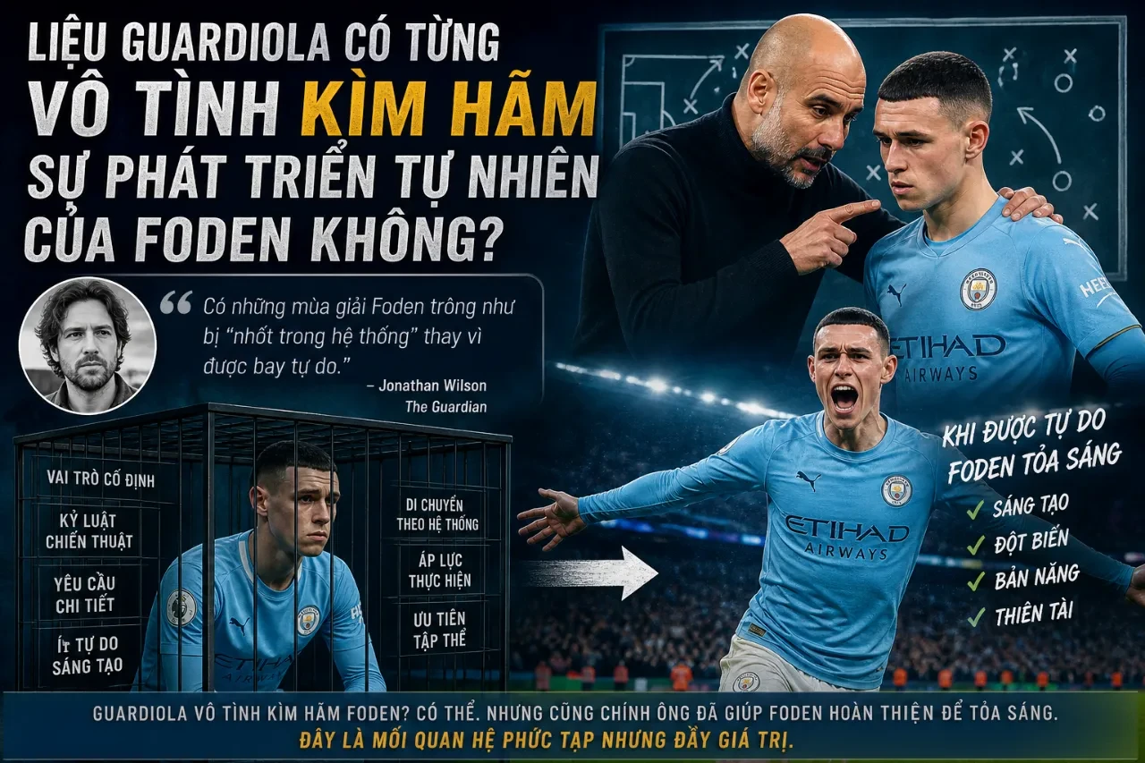 Phil Foden thi đấu trầm tư dưới sự quan sát của HLV Pep Guardiola ngoài đường biên