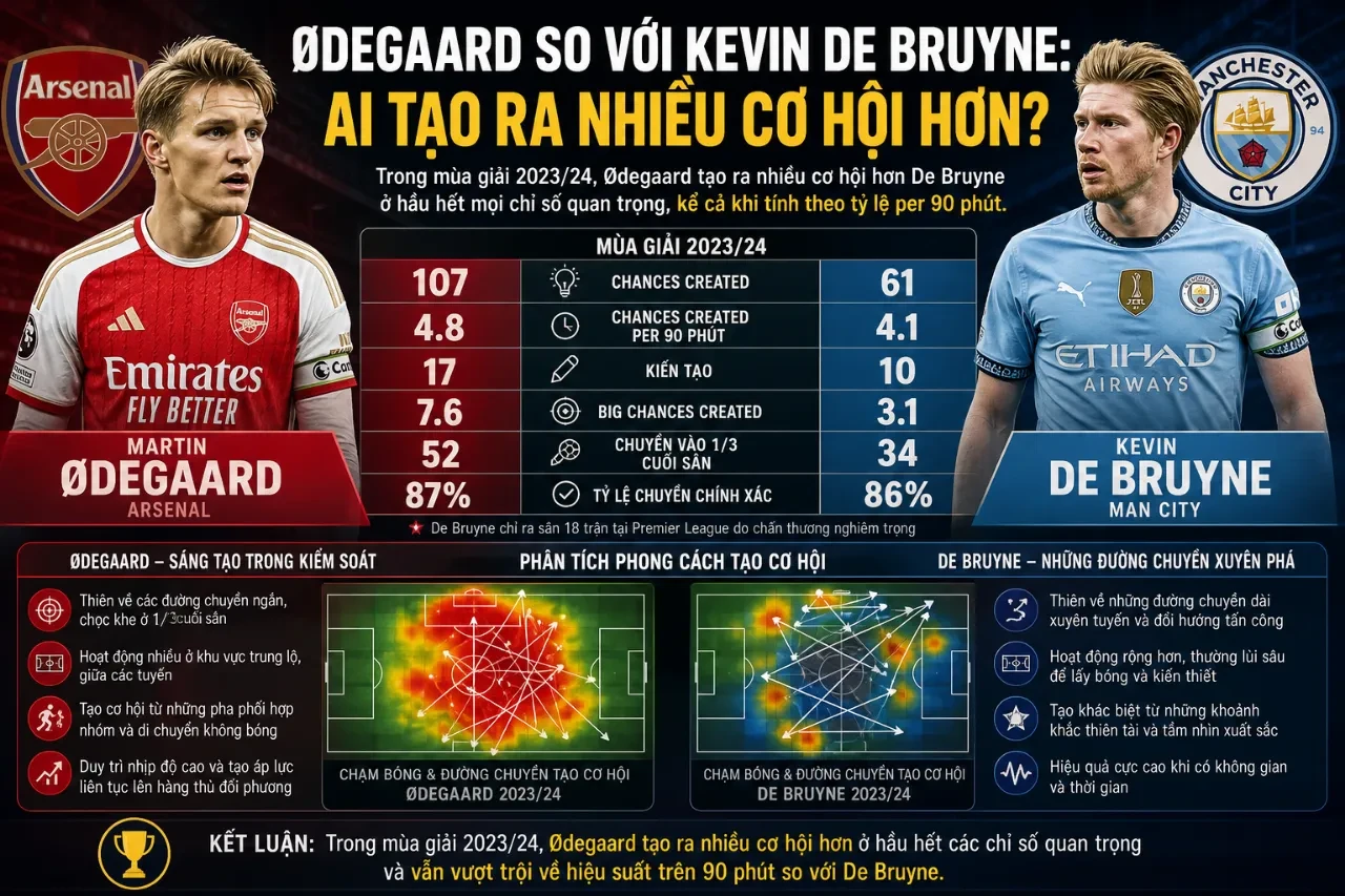 So sánh phong cách kiến tạo giữa Martin Odegaard và Kevin De Bruyne