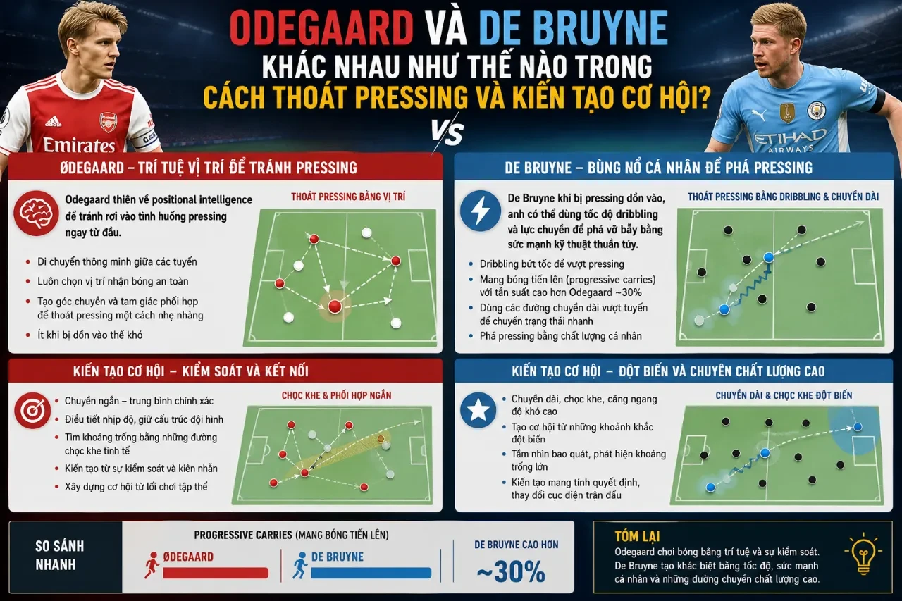 So sánh tư duy chiến thuật và phong cách điều tiết trận đấu giữa Martin Odegaard và Kevin De Bruyne