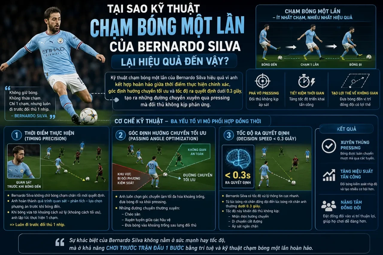 Bernardo Silva xử lý bóng một chạm tinh tế thoát vây ráp trong màu áo Manchester City