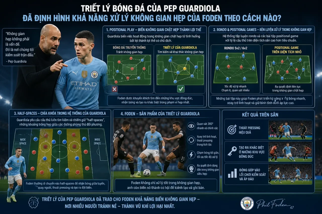 HLV Pep Guardiola trao đổi chiến thuật lối chơi định vị trực tiếp với Phil Foden